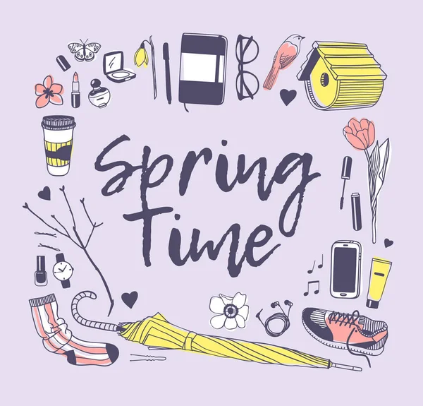 Dibujado Mano Spring Fashion Objetos Ilustración Cita Primavera Tiempo Vector — Vector de stock