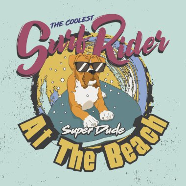Sahildeki en havalı Surf Rider, Süper Dude. Gözlüklü köpek sörf tahtası İllüstrasyon binmek.