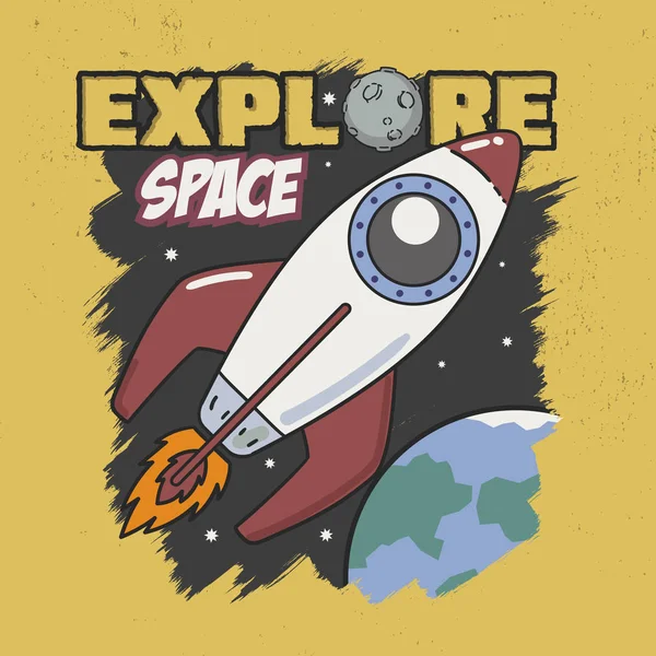 Explora Space Slogan bueno para Tee Graphic. Con fondo de cohete, estrella, cielo y tierra . — Vector de stock