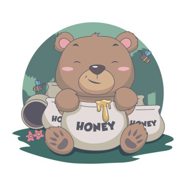 Şirin Ayı Tatlı Bal Ye, Arı, çiçek, orman illüstrasyonuyla