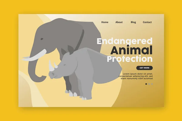 Proteção animal ameaçada Landing Page. Ilustração do elefante e do rinoceronte —  Vetores de Stock