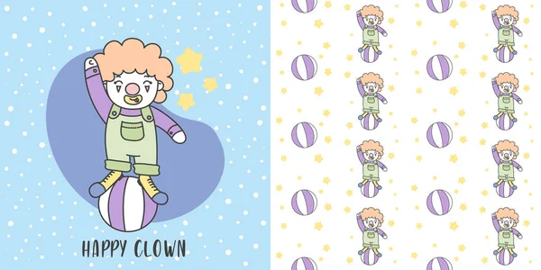 Happy Clown playing Ball and Seamless Pattern Illustration. — ストックベクタ