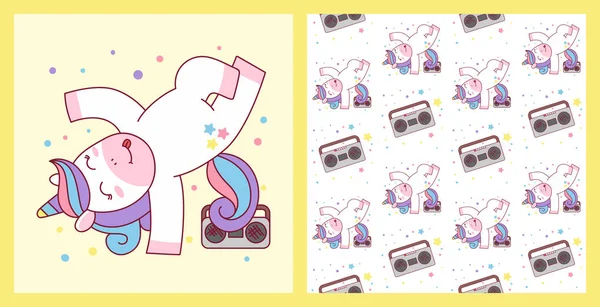 Lindo Unicornio Break Dance Ilustración de hip hop y patrón sin costuras. ilustración de cinta — Vector de stock