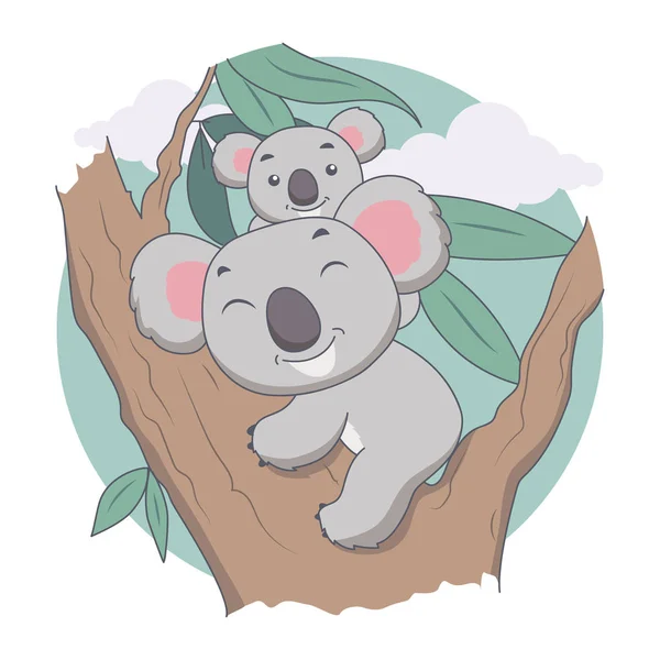 Koala i Matka w Drzewie. Zwierzęta, drzewa i pozostawić ilustrację — Wektor stockowy