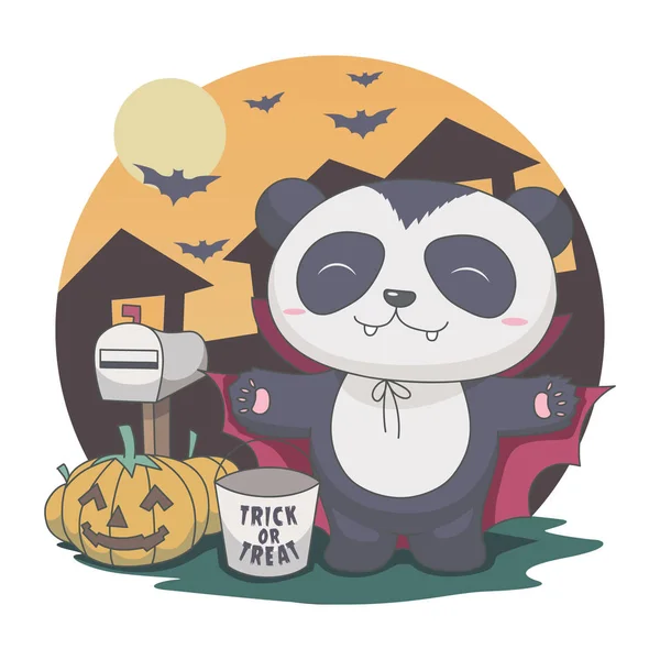 Panda dracula durante a noite. halloween, morcego, caixa de correio, ilustração de abóbora . —  Vetores de Stock