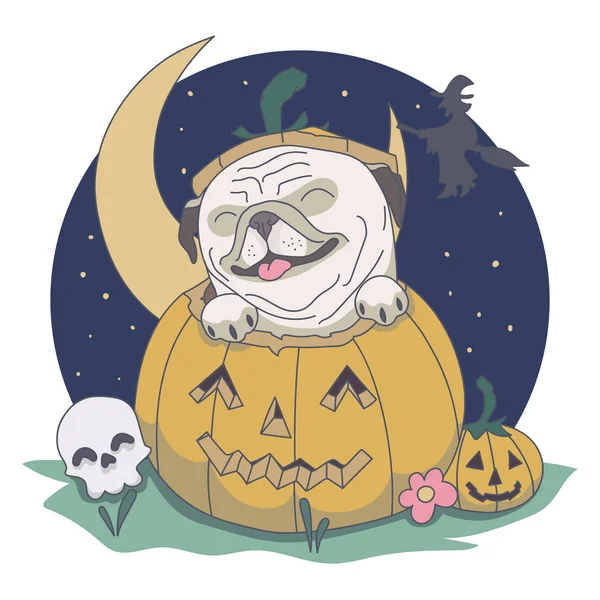 Pug uit Pumpkin. Schedel, nacht, heksenillustratie. — Stockvector