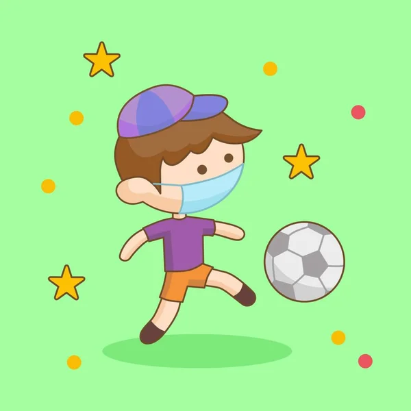 Garçon Mignon Masque Jouant Football Pendant Maladie Covid Illustration Vectorielle — Image vectorielle