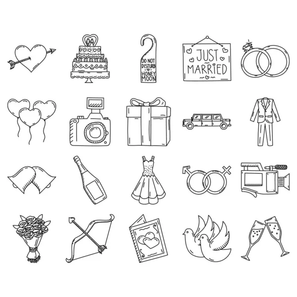 Wedding Icon Set Doddle Hand Drawn Black Outline Icon Style — Stock Vector