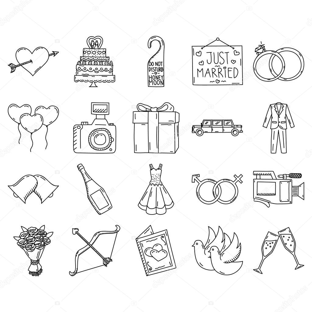 Wedding Icon Set. Doddle Hand Drawn or Black Outline icon Style.