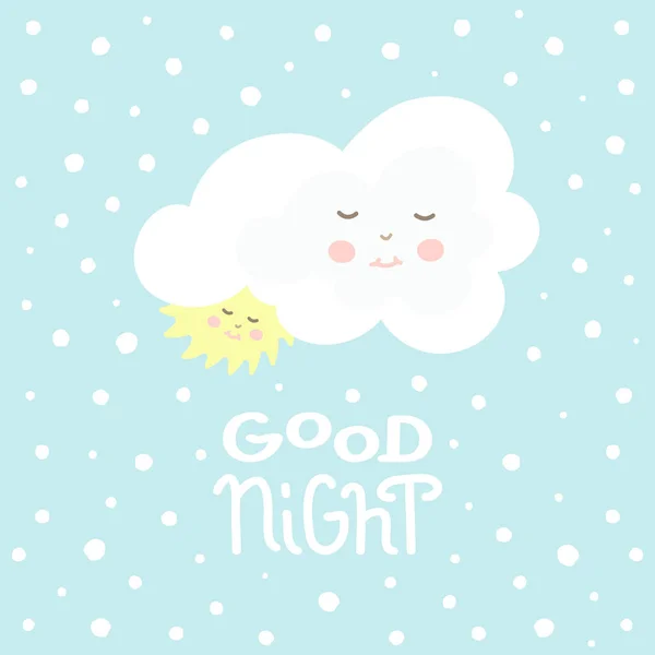 Cute Cloud Sun Good Night White Handmade Lettering Blue Background — Stock Vector