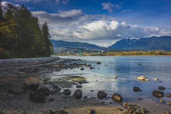 Vancouver liman ve Lions Gate Köprüsü mesafe, Stanley Park, Vancouver, British Columbia üzerinde dramatik cennet ile güneşli bir kıyı Stanley Park deniz kenarındaki sete yolu sarma