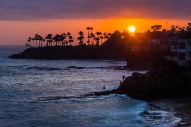 Renkli gökyüzü günbatımı kaya oluşumları ve palmiye ağaçları, dalgıçlar Cove, Laguna Beach, Kaliforniya silüeti çökmesini dalgaları ile güzel kıyı manzarasına