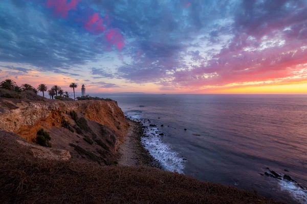 Renkli Gökyüzü Nokta Vicente Deniz Feneri Kıyı Görünümünü Rancho Palos — Stok fotoğraf