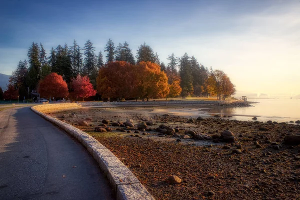 Folhas Vibrantes Outono Águas Calmas Vistas Longo Stanley Park Seawall — Fotografia de Stock