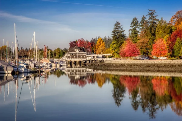 Canlı sonbahar yaprakları ve güneş doğarken, Vancouver, British Columbia Stanley Park deniz kenarındaki sete yol boyunca görülen su sakin