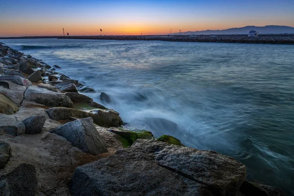 Uzun Pozlama Fotoğraf Gün Batarken Marina Del Rey California Kayalık — Stok fotoğraf