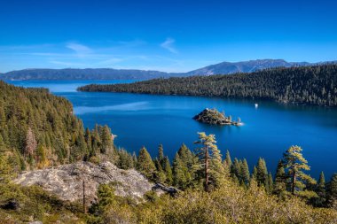 Stunning panoramic view of Emerald Bay and Fannette Island from a scenic overlook at Emerald Bay State Park, South Lake Tahoe, California clipart