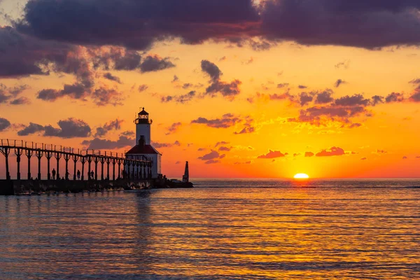 Dramatic Sunset at Michigan City East Pierhead Lighthouse — Stock Photo, Image