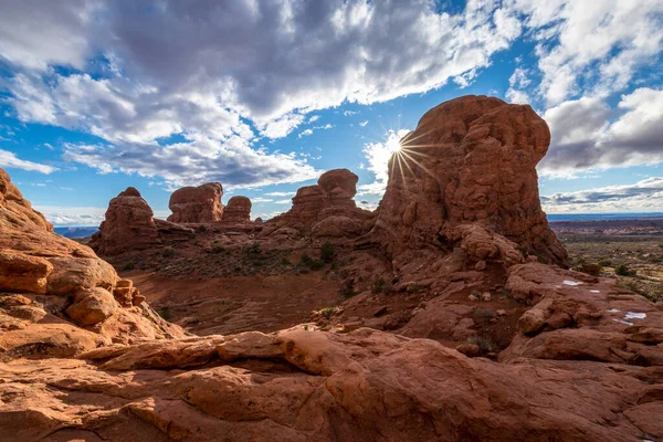 Gorgeous View Atop Turret Arch Surrounded Tall Sandstone Spires Puddles Royalty Free Stock Photos