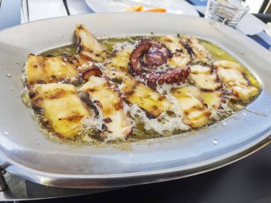 Zeytinyağı ile sıcak bir tepsi üzerinde Izgara ahtapot servis