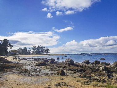 Kayalık sahil Sinas Beach Vilanova de Arousa, Galiçya, İspanya