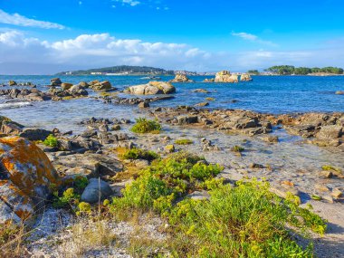 Arousa Adası, Galiçya, İspanya 'da Arruda noktasının kaya örnekleriyle granit kıyısı kayaları
