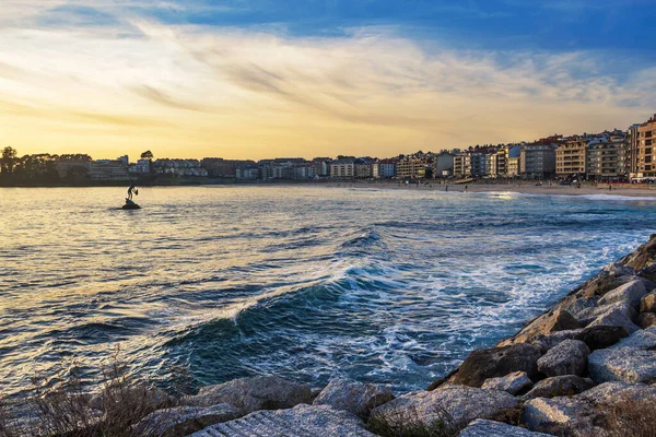 Sanxenxo Şehri Kıyısı Silgar Sahili Boyunca Alacakaranlıkta — Stok fotoğraf