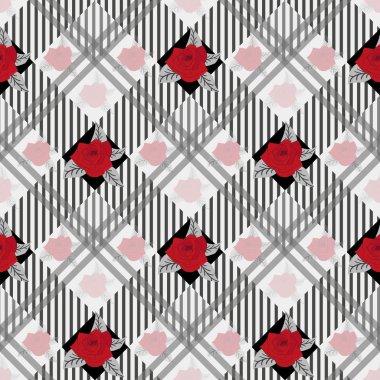 Güzel çiçekler sorunsuz şirin desende. Kompozit kaplama. Tartan zemin üzerine çiçek düzenlemeleri. Tekstil, duvar kağıdı, kapakları, yüzey, baskı, hediye paketi, scrapbooking, Dekupaj Trendy 2019 eps10 için