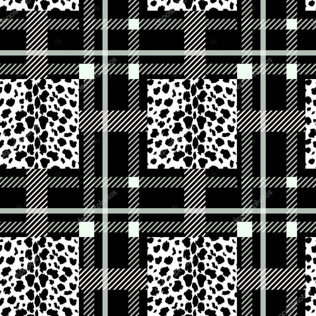 Tartan with Black white leopard texture seamless pattern. Vector illustration. eps10
