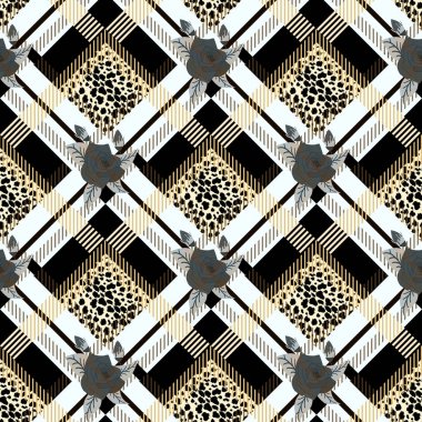 Tartan plaid with flowers and leopard skin pattern. Exotic animal and floral vector illustration. vector