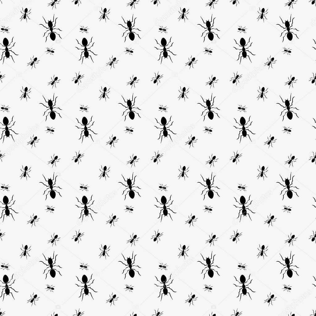 Ant seamless pattern. Black and white vector seamless pattern with ants. Animal background