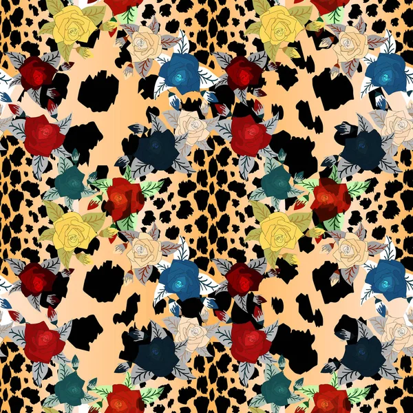 Animal Flower Seamless Pattern Vector Leopard Skin Flowers Background Eps10 — Stock Vector