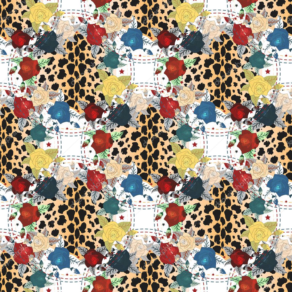 seamless pattern with leopard Skin and flowers eps10
