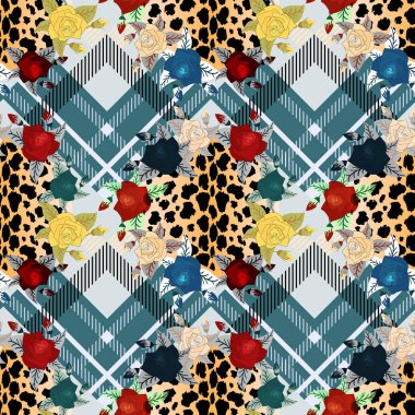 Leopar deri noktalar ve rengârenk çiçekler İskoç tartan grunge seamless modeli. EPS 10