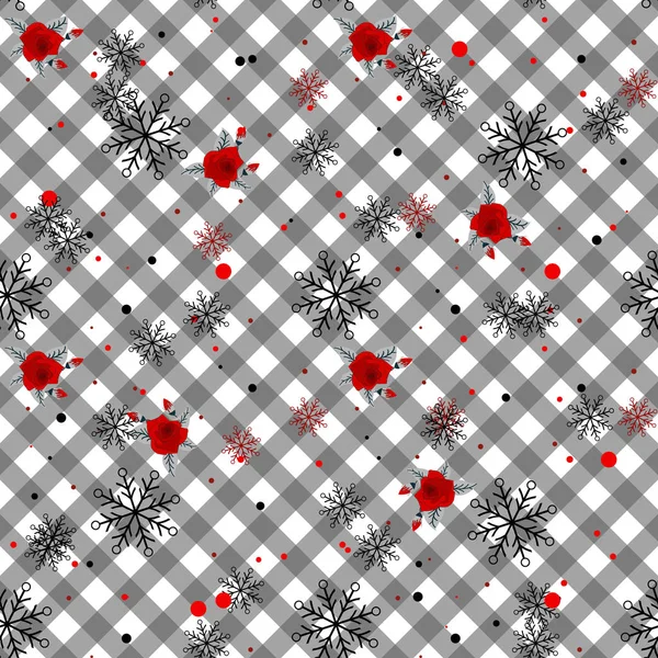 Seamless Cute Tartan Pattern Pretty Flowers Composite Overlay Floral Arrangements — Stock Vector