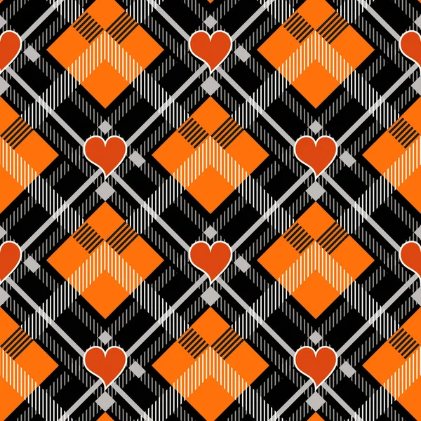 Halloween Tartan Plaid Met Hart Schotse Patroon Oranje Zwart Grijs — Stockvector