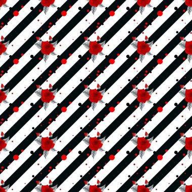 Floral seamless pattern, Red roses on black-white striped background. Stylish floral print, vector illustration