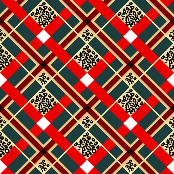 Scozzese tartan rosso grunge modello senza soluzione di continuità con macchie di leopardo eps 10 — Vettoriale Stock