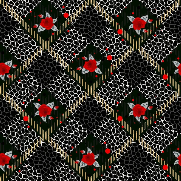 Carreaux Tartan Avec Des Fleurs Motif Peau Léopard Illustration Vectorielle — Image vectorielle