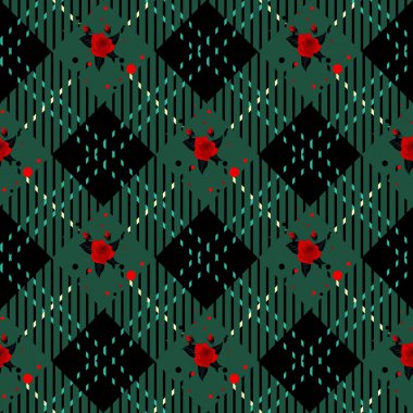 Tartan ekose çiçek ve leopar deri desen. Egzotik hayvan ve çiçek vektör çizim.