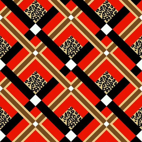 Escocés Rojo Tartán Grunge Patrón Sin Costura Con Manchas Leopardo — Archivo Imágenes Vectoriales