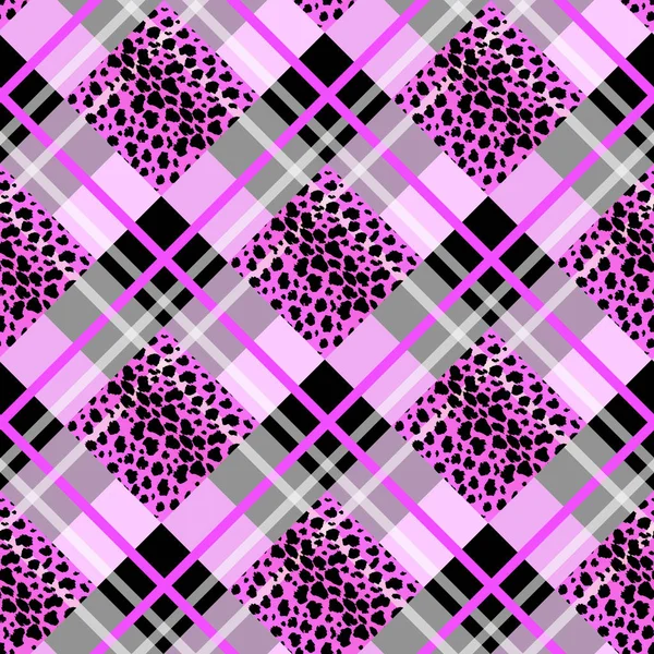 Purple black Scottish tartan grunge seamless pattern with leopard spots eps10 — Stock Vector