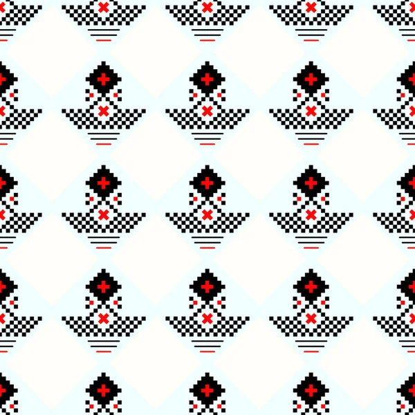 Adorno geométrico tradicional escandinavo vectorial. Patrón simple ornamental sin costura. Motivo étnico popular. Textura mínima abstracta con cuadrados, cruces, líneas. Fondo de la isla justa. Rojo y negro — Archivo Imágenes Vectoriales