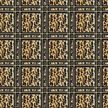 Siyah ve kahverengi lekeler ile Seamless Faux Leopar deri modeli. Vektör çizim hayvan tekrar yüzey deseni.