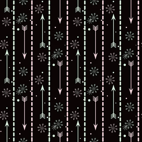 Red green arrows seamless pattern with snowflake on black background. Cute arrows background for Valentine s Day — Stock Vector