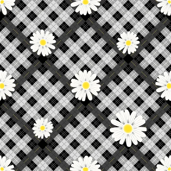 Tekstil için damalı arka planda siyah ve beyaz tartan ekose ve papatya çiçekleri deseni — Stok Vektör