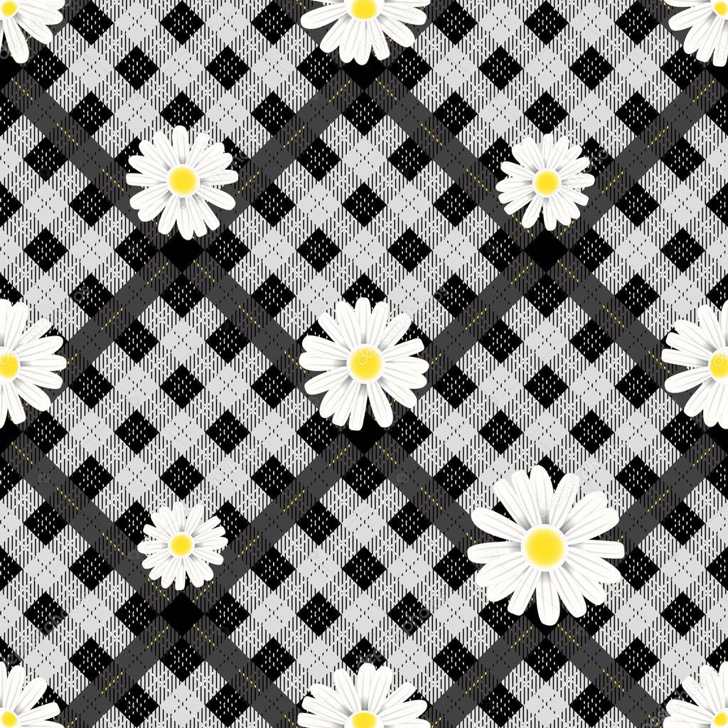 Black and white tartan plaid and daisy flowers pattern on checkered background for textile