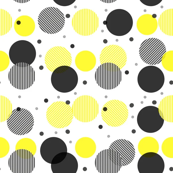Vector geometrische naadloze patroon. Universeel herhalende abstracte cirkels figuur in zwart wit geel. Moderne cirkel ontwerp, pointillisme EPS 10 — Stockvector