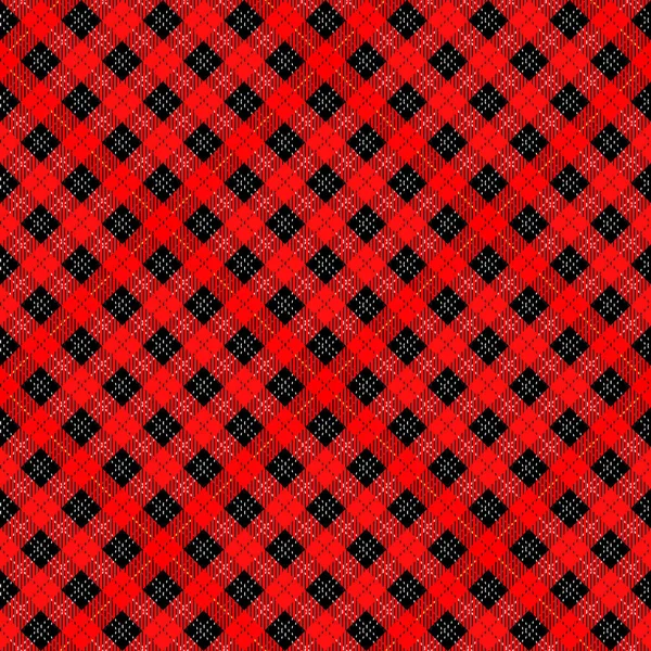 Ilustración perfecta - tartán diagonal rojo, negro con cuadrados y rayas blancas — Archivo Imágenes Vectoriales