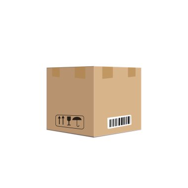 Karton kutu konteyner vektör çizim, karton kutu pack ile işleme kutsal kişilerin resmi, metin etiketleri, barkod, ambalaj koli kutu kapalı, paket kağıt kutusu düz çizgi film tasarım üzerinde izole beyaz